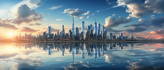 Futuristic city with a blue sky and clouds