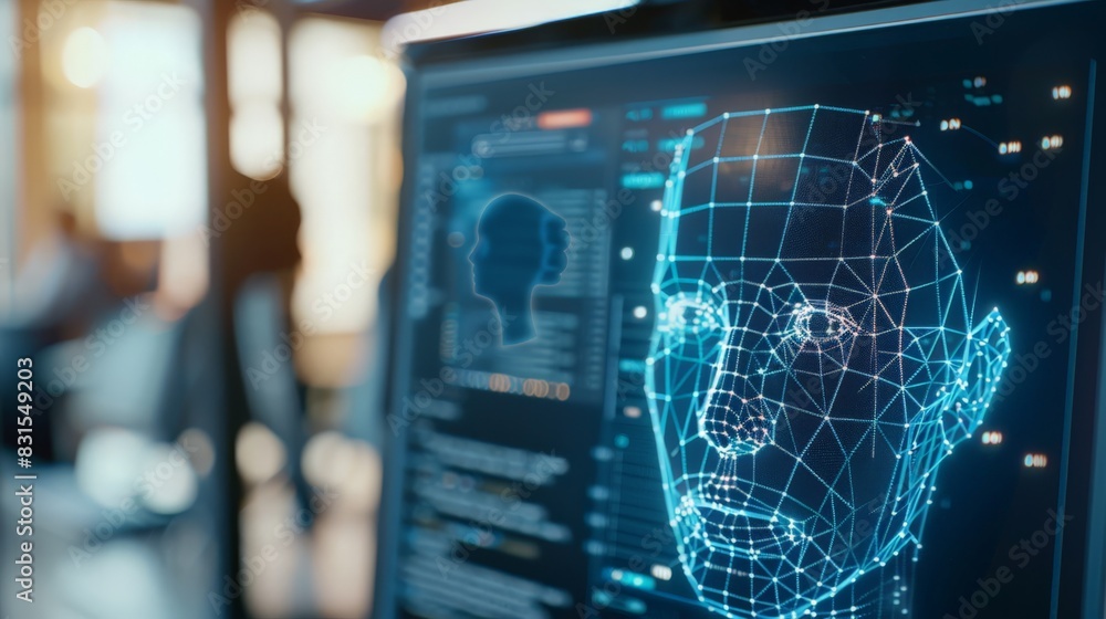 Aufkleber Digital face recognition interface on a computer screen in a modern office. Represents biometric authentication, cyber security, and advanced technology.