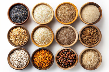 An assortment of different grains and seeds in small, round wooden bowls arranged in a grid pattern on a white background.
