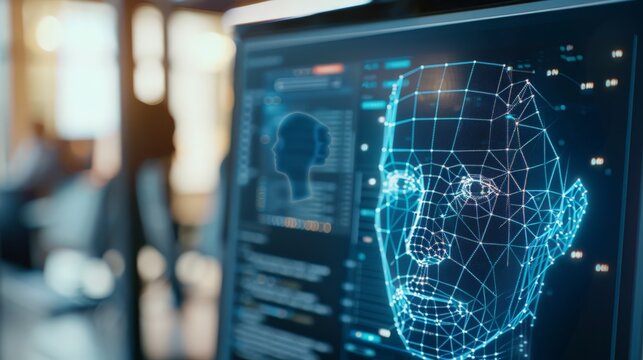 Digital face recognition interface on a computer screen in a modern office. Represents biometric authentication, cyber security, and advanced technology.