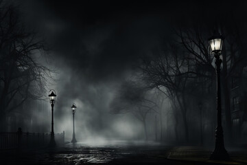 Night street with fog in the city.