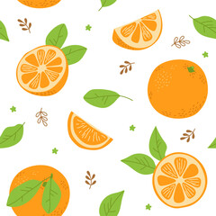Seamless pattern with fresh orange full, half, slice, leaves. Fruits. Freehand vector illustration