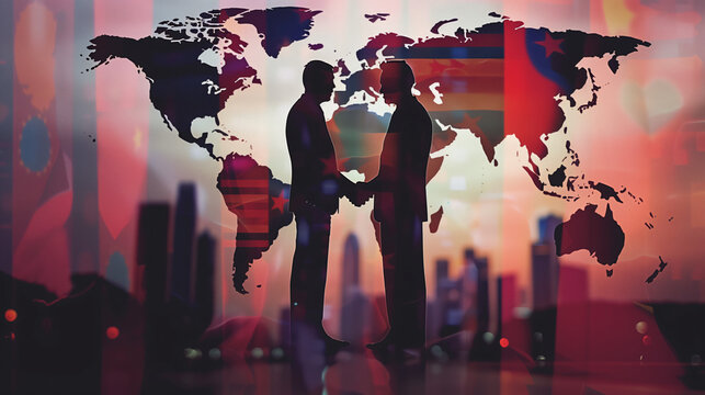 Double exposure business man shake hand,stock market world map background