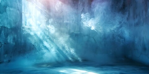 In a Spacious Dimly Lit Room with Textured Walls, Smoke, and Light Filtering Through. Concept Mysterious Setting, Atmospheric Lighting, Textured Walls, Smoke Effects, Light Beam Filtering