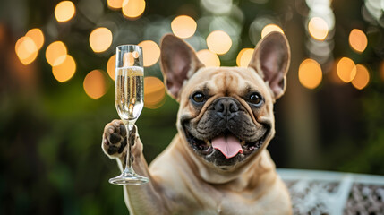 cute french bulldog celebrating with glass of champagne, funny dog toasting and cheering with glass of alcohol
