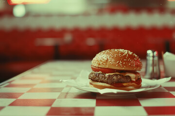 classic american cheeseburger on a checkered tablecloth in a retro diner setting, old film effect  1980's style 