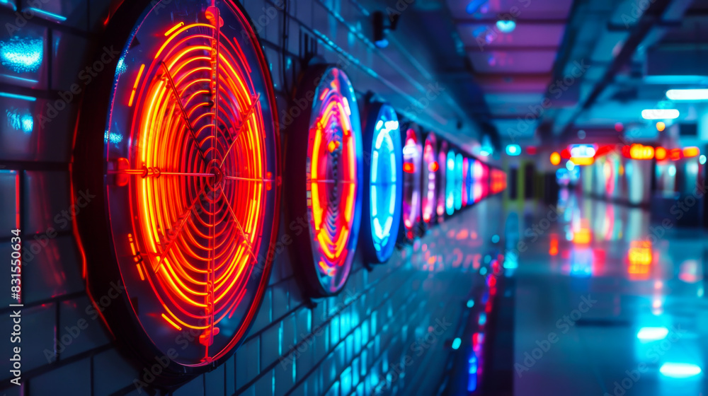 Poster a row of neon lights with a red and blue circle in the middle. the lights glow and create a colorful