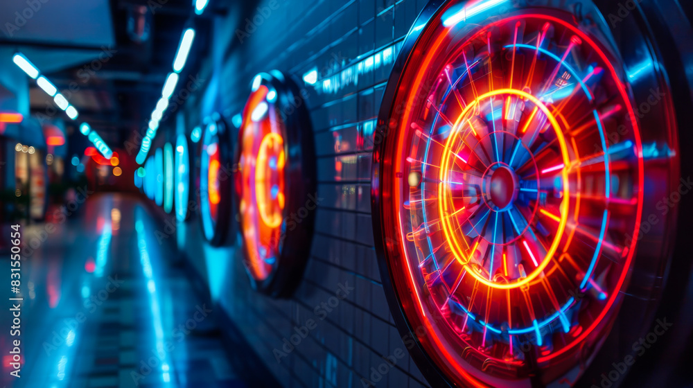 Poster a row of neon lights with a red and blue circle in the middle. the lights glow and create a colorful