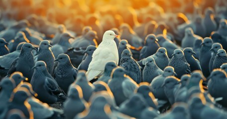Obraz premium white bird between black and grey, standing out from the crowd, originality and uniqueness, one of a kind, different and extraordinary person concept