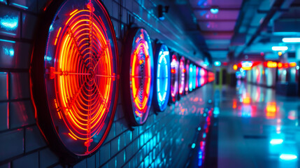 A row of neon lights with a red and blue circle in the middle. The lights glow and create a...