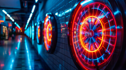 A row of neon lights with a red and blue circle in the middle. The lights glow and create a colorful atmosphere. Game of darts. Technology concept.