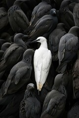 Fototapeta premium white bird between black and grey, standing out from the crowd, originality and uniqueness, one of a kind, different and extraordinary person concept