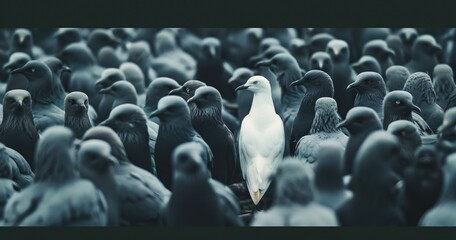 Obraz premium white bird between black and grey, standing out from the crowd, originality and uniqueness, one of a kind, different and extraordinary person concept