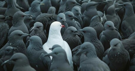 white bird between black and grey, standing out from the crowd, originality and uniqueness, one of a kind, different and extraordinary person concept