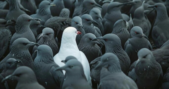 white bird between black and grey, standing out from the crowd, originality and uniqueness, one of a kind, different and extraordinary person concept
