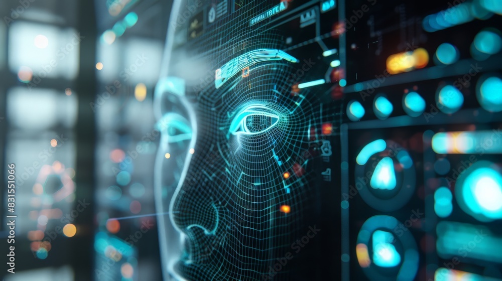 Fototapete High-tech data analysis displayed on multiple screens with a face recognition interface. Represents cybersecurity advancements and AI technology.