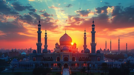 Obraz premium eid al-adha celebration banner featuring a detailed mosque silhouette set against a vibrant sunset sky, symbolizing the islamic festival