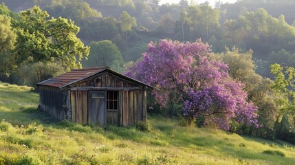 Compact wooden structure in rural area with a flowering purple shrub