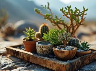 Cactuses in a wooden box on a table on the background of the sea