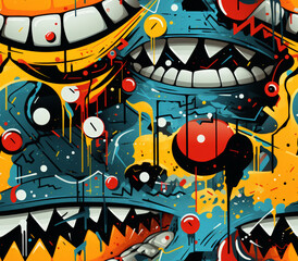 Vibrant abstract street art featuring multiple graffiti faces with sharp teeth and bold colors. Dynamic shapes, lines, and expressive elements. Artwork created using generative AI tools.