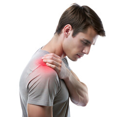 Young man with shoulder pain on transparent background