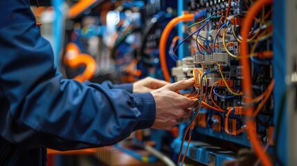 A technician is working on an orange and blue hightech device, with wires connecting to it from various parts of the machine., High quality photo.