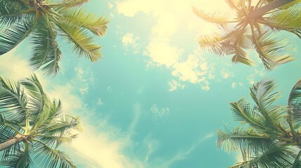 Looking up at blue sky and palm trees, view from below, vintage style, tropical beach and summer background, travel concept. 