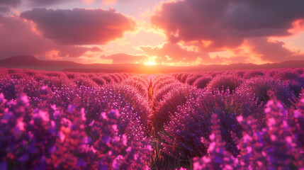 Natural landscape of growing purple lavender in the rays of sunset. Blooming lavender in a field....