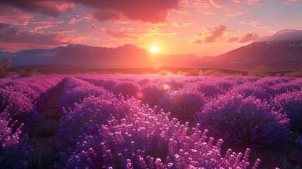 Natural landscape of growing purple lavender in the rays of sunset. Blooming lavender in a field....