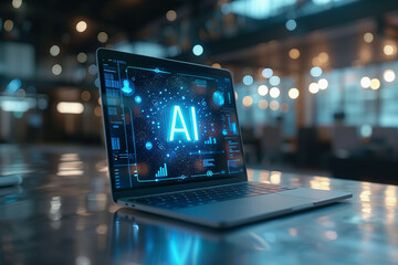 A modern laptop with a glowing AI text on its screen, is on a clean, white desk in a minimalistic office space