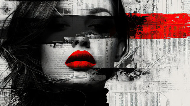 rough vintage Fashion girl with red lips Woman's black and white sketch face art flying hair, . Stylish original graphics portrait with beautiful young attractive girl model, space for text, beauty