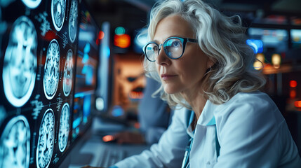 A middle-aged neurologist doctor examining the result of a brain CT scan