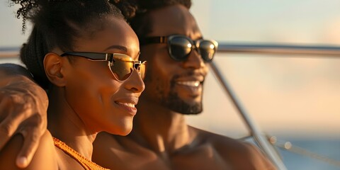 African American couple in sunglasses on yacht enjoying summer day against sky. Concept Outdoor Photoshoot, Summer Fun, Yacht Adventure, African American Couple, Sunny Day - Powered by Adobe