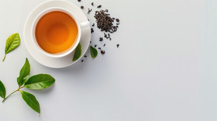 Cup of freshly brewed tea with green leaves on white minimalistic background.