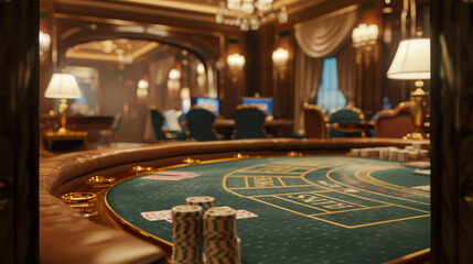 Obraz premium View of a modern casino table with cards lying on it. Poker table in a luxury casino. The concept of games, excitement.