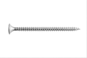 Close-up of a white wood screw isolated on a transparent background, capturing the detailed thread...