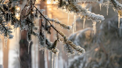Fir tree branches with melting snow and icicles in a winter forest in the morning A real winter to spring transition