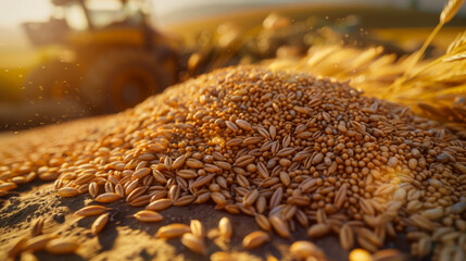 Obraz premium A large amount of ripened wheat grain lies on a farmer's field. Freshly harvested golden wheat harvest on an agricultural field at sunset. Harvest concept.