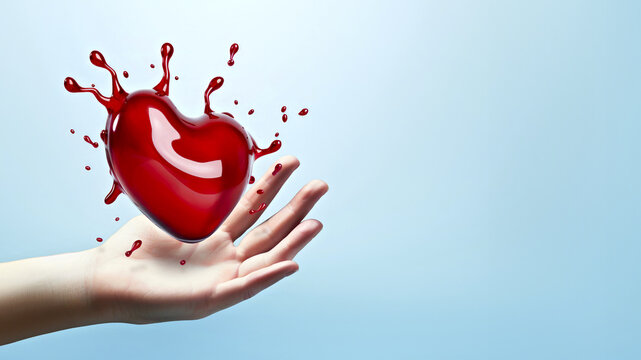 A hand catches a red heart with drops of blood flying and floating in air on a blue background. Creative concept World donor day, national blood donor month. Banner, copy space