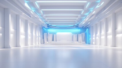 depicts a futuristic curved hallway with bright white walls and blue glowing lights on the walls and floor.