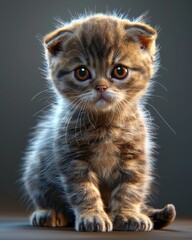 Fototapeta premium Scottish fold kitten with red fur, short legs, golden eyes, cute domestic cat image for stock sale