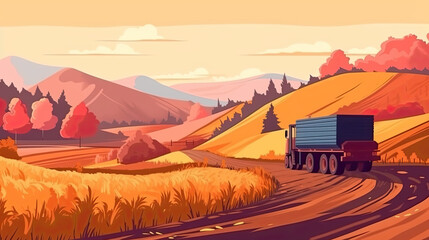 illustration 2d blue truck driving along the empty highway massive desert.  Spectacular aerial shot of trucks and cars crossing the barren landscape, space for text 