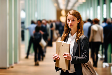 Young woman with resume documents in hands attends a busy job fair. Quest for career advancement and corporate opportunities. Concept of search for potential employers for career growth, Labor Day