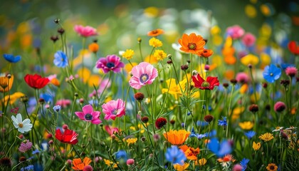 Fototapeta premium Beautiful meadow filled with vibrant wildflowers in full bloom, with a variety of colors and types creating a picturesque natural scene