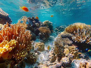 Beautiful underwater coral garden with diverse coral species, swaying sea plants, and schools of fish swimming gracefully through the clear blue water