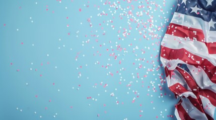 Obraz premium Crumpled American flag with scattered confetti on a light blue background. Celebrating Independence Day with a festive and patriotic theme.