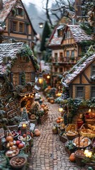 Charming farmers market in a quaint village square, with artisanal goods, homemade treats, and a community gathering in a festive setting