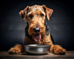 Airedale Terrier dog sitting on a dark smoky background and eating from a bowl.