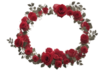 Red rose flowers in wreath frame isolated on transparent background Perfect for wedding invitation copy space in ceneter