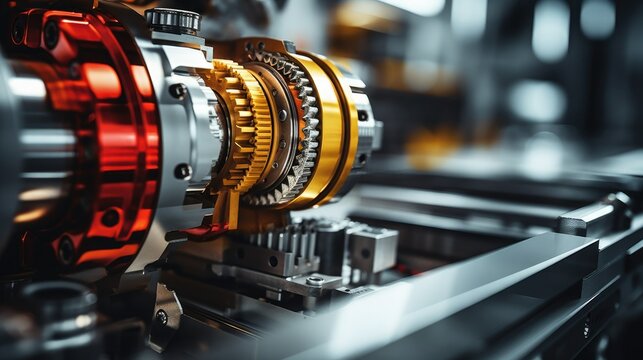 Closeup of intricate gears and metal parts in a complex machinery.  The metallic parts are red, silver, and gold, highlighting the precision engineering.